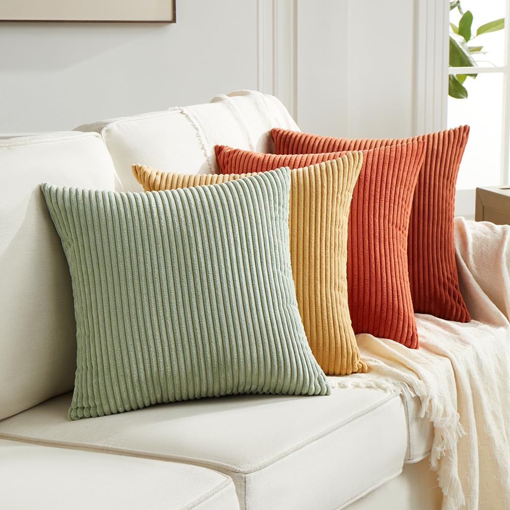 Fancy Homi Set of 4 Boho Decorative Throw Pillow Covers  for Couch Bed Sofa Bedroom, Aesthetic Modern Home Decor, Soft Fluffy Textured Corduroy Square Colorful Cushion Case